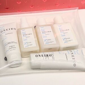 Oneiro Bath and Body 5 Piece Set w/Carry Pouch. TSA Approved. New